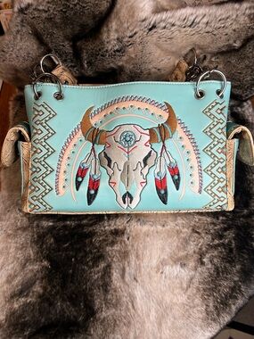 Turquoise Embroidered Bull Skull Shoulder Bag